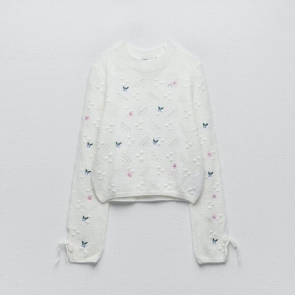 New Zara Knit Floral Embroidered White Wool Blend Sweater Size M - Picture 2 of 10